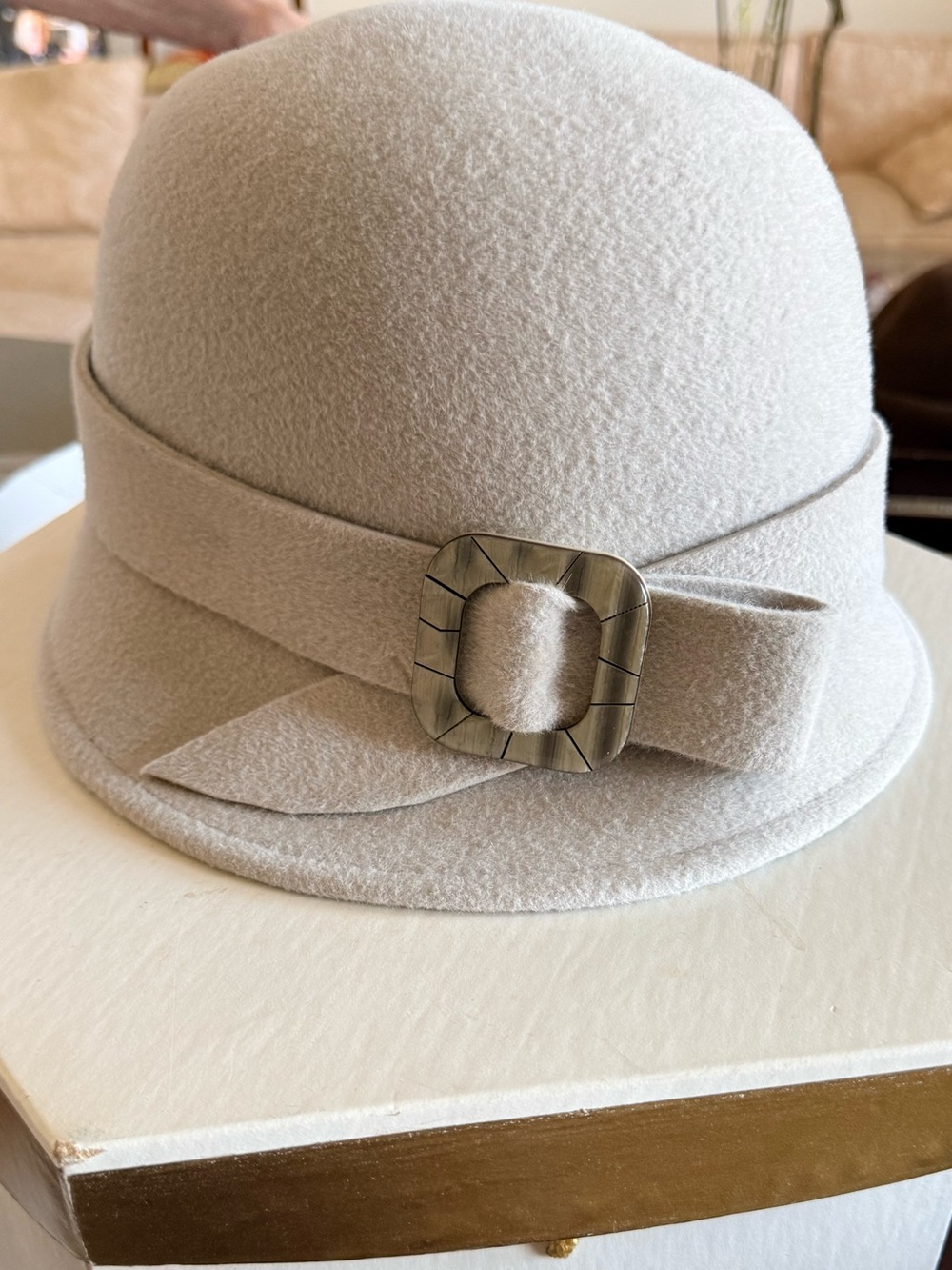 Wool Cloche Hat with Decorative Buckle - Cream